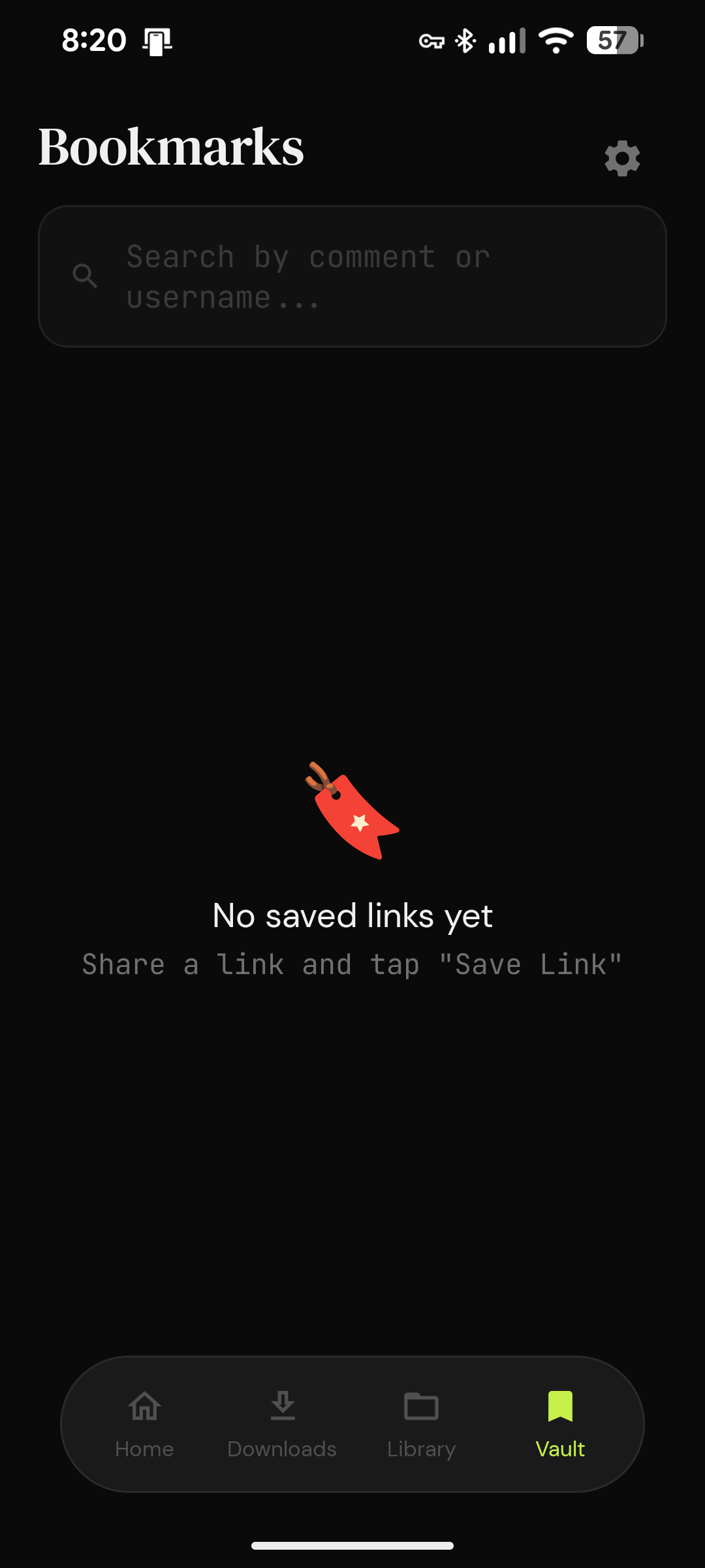 VaultDrop bookmarks screen