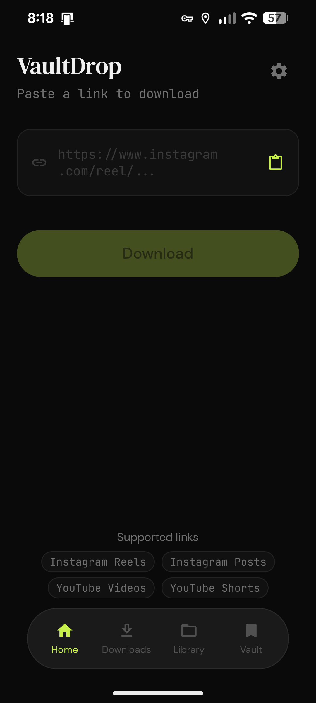 VaultDrop home screen