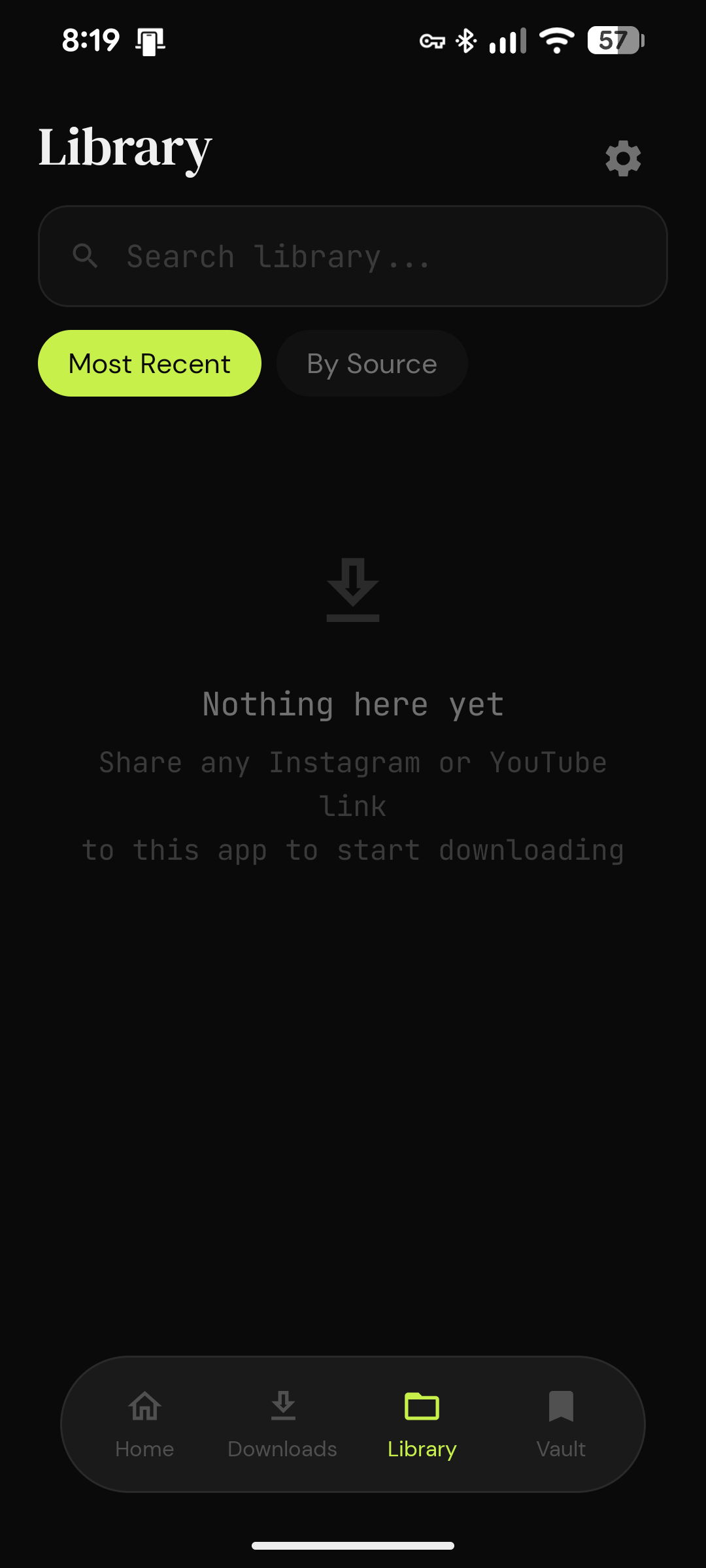 VaultDrop library screen