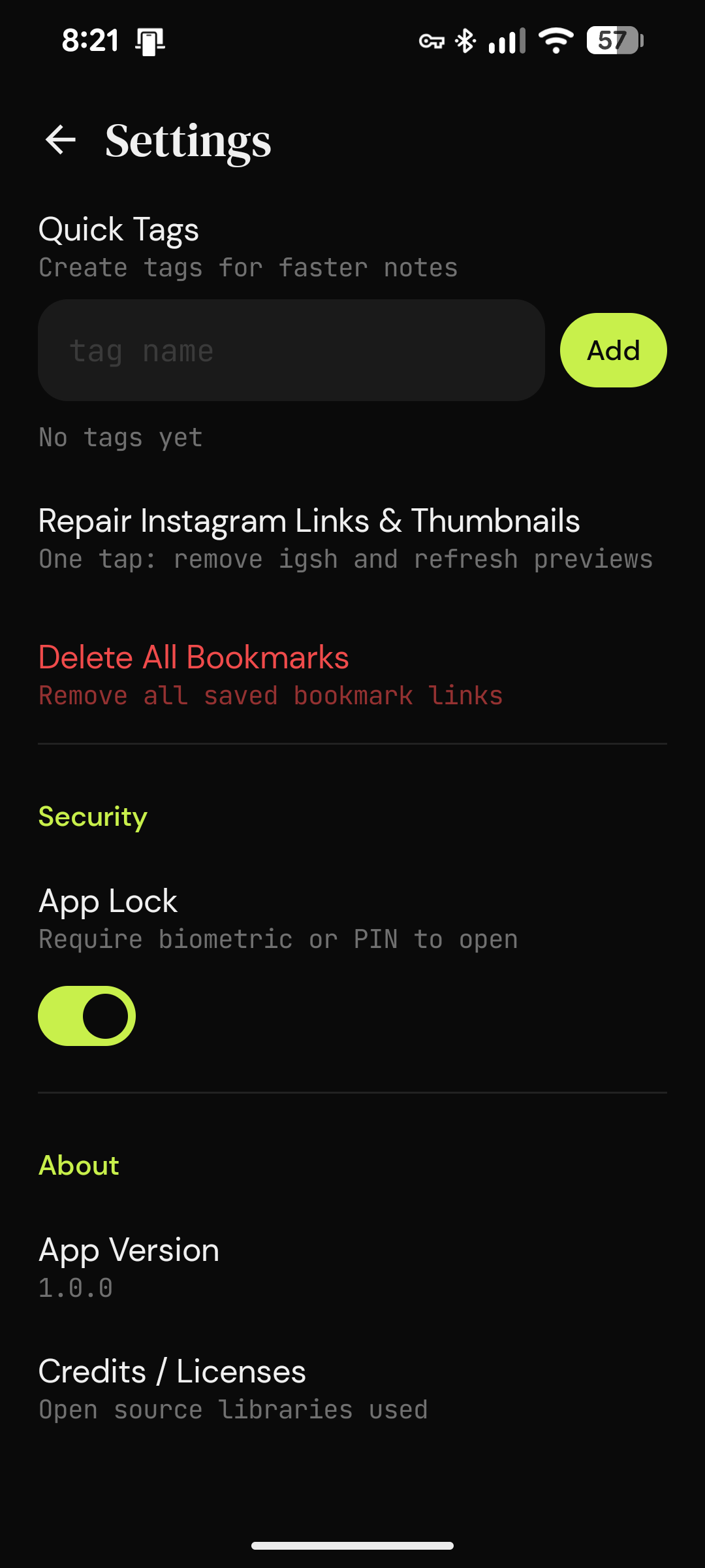 Settings screen two